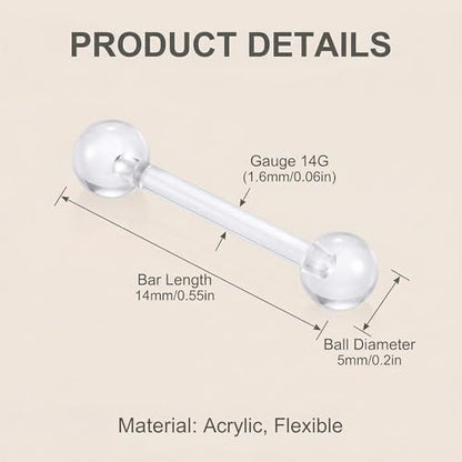 Happyupcity 20Pcs 14G Transparent Acrylic Barbell Tongue Nipple Rings Flexible Straight Bar Body Piercing Jewelry Retainers for Women Men Work Sports