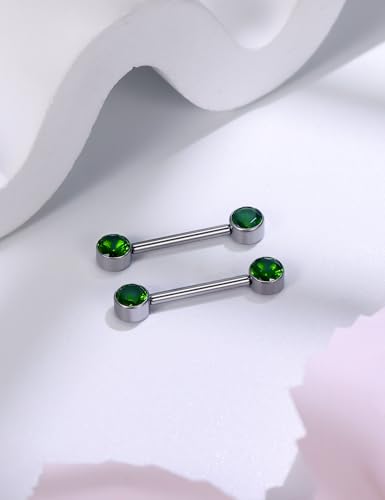 14G ASTM F136 Titanium Nipple Piercing Jewelry Round CZ Nipple Barbell Jewelry Internally Threaded G23 Solid Titanium Nipple Piercing Barbell Ring Jewelry for Women Men 14 Gauge - style: Green CZ