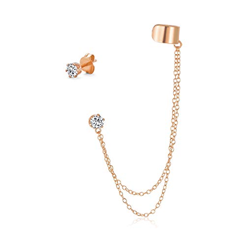 Bling Jewelry Geometric Cartilage Plain Band With Two Chains Ear Warp Cuff CZ Stud Ear Lobe Earring For Women Teens Men Rose 14K Gold Plated .925 Sterling Silver - color: Rose
