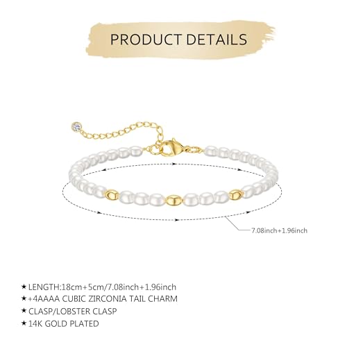 NECOCY 14K Gold Plated Pearl Bracelets for Women, Dainty Bracelets Stack Trendy Pearls Beaded Link Chain Charm Bracelets Set Layered Tiny Wedding Prom Jewelry Gift for Women Mother's Day Graduation - style: Style-14