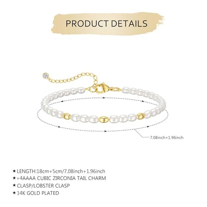 NECOCY 14K Gold Plated Pearl Bracelets for Women, Dainty Bracelets Stack Trendy Pearls Beaded Link Chain Charm Bracelets Set Layered Tiny Wedding Prom Jewelry Gift for Women Mother's Day Graduation - style: Style-14