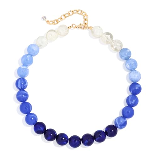 Chunky Beaded Necklace for Women Boho Statement Bead Necklace | Adjustable, Lightweight Choker, Round/Oval/Pebble Beads, Trendy Summer Beach Jewelry - color: Blue Ombre