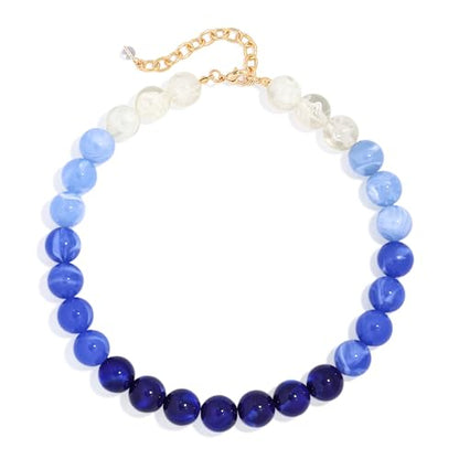 Chunky Beaded Necklace for Women Boho Statement Bead Necklace | Adjustable, Lightweight Choker, Round/Oval/Pebble Beads, Trendy Summer Beach Jewelry - color: Blue Ombre