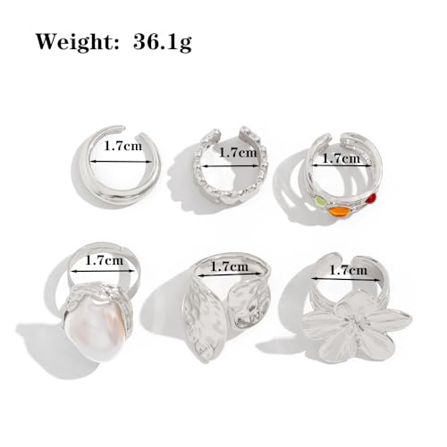 Chunky Gold Rings Set for Women Trendy Statement Flower Knuckle Ring Baroque Pearl Stack Ring Wrinkled Prom Outfits Accessories - color: Silver