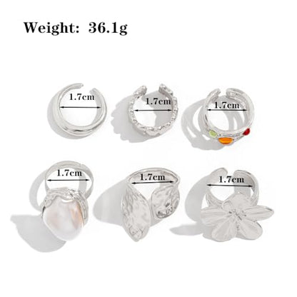 Chunky Gold Rings Set for Women Trendy Statement Flower Knuckle Ring Baroque Pearl Stack Ring Wrinkled Prom Outfits Accessories - color: Silver