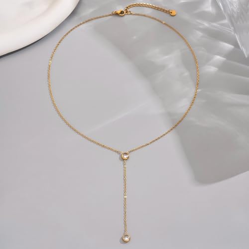 Dainty 18K Gold Plated Lariat Necklace for Women Delicate Y Chain Rose Pearl Diamond Long Drop Necklace Layering Bridal Jewelry Gift - color: 2 CZ-Gold