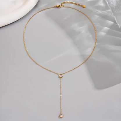 Dainty 18K Gold Plated Lariat Necklace for Women Delicate Y Chain Rose Pearl Diamond Long Drop Necklace Layering Bridal Jewelry Gift - color: 2 CZ-Gold