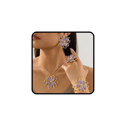 Gold Flower Jewelry Set For Women, 5 Pcs Chunky Golden Floral Pendant Necklace Bracelet Earrings Ring Set Statement Flower Jewelry Gifts For Beach Wedding - color: 5pcs-Purple