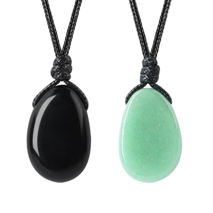 Natural Gemstone Pendant Necklace Healing Crystal Stone Choker Necklace Adjustable Waxed Black Rope for Men - color: 2pcs(Green Aventurine+Black Obsidian)