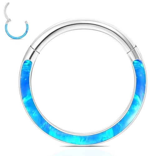 WBRWP 316L Stainless Steel Nose Hoop Rings Clicker with Zircon/Opal 14g-20g | Hypoallergenic Nose Rings Segment Clicker Lip Rings Cartilage Rook Conch Earrings Diameter 5mm-10mm - color: Flat silver ring with blue opal -1pc pack