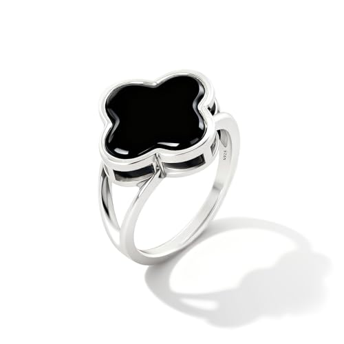 Natural Onyx Agate Four Leaf Clover Jade Stone Ring,S925 Sterling Silver minimalist style Generous Genuine Gemstone Turkey Ring Jewelry for Women - color: Clover_C