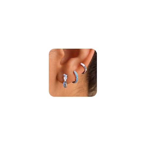 3 Pairs Mini Hoop Earrings Set Turquoise Cubic Zirconia Huggie Hoop Cartilage Earring Ear Cuff for Women (Turquoise/CZ) - color: *Turquoise-F