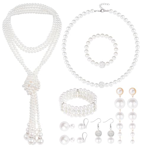 Faux Pearl Necklace and Earrings Set for Women Faux Pearl Bracelets Costume Jewelry Set for Wedding Bridal Birthday Party