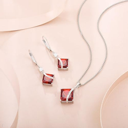 Square Princess Cut Necklace 925 Sterling Silver Solitaire Pendant Necklace Birthstone Jewelry Gifts for Women - color: 01 January - Garnet