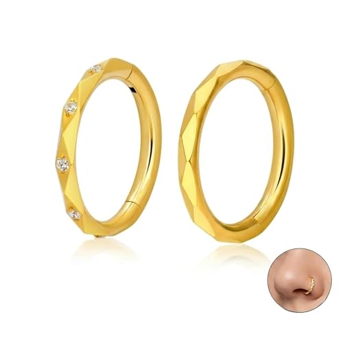 2PCS 16G Titanium Nose Rings for Women, Nostril and Septum | F136 Implant Grade Titanium, Hypoallergenic, 1.2 mm ×8 mm, Faceted and CZ Hinged Clicker Hoops for Nostril or Septum - color: Style B Gold-8mm