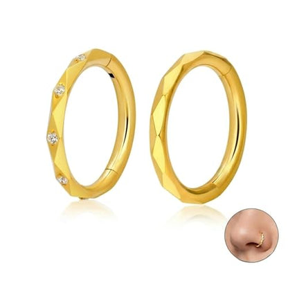2PCS 16G Titanium Nose Rings for Women, Nostril and Septum | F136 Implant Grade Titanium, Hypoallergenic, 1.2 mm ×8 mm, Faceted and CZ Hinged Clicker Hoops for Nostril or Septum - color: Style B Gold-8mm