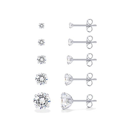 PAVOI Waterproof Stud Earrings for Women, 14K Gold Plated CZ Set of 5 | Hearts and Arrows Cubic Zirconia, Hypoallergenic Earrings, Earrings for Men and Women, Everyday Studs - style: White Gold