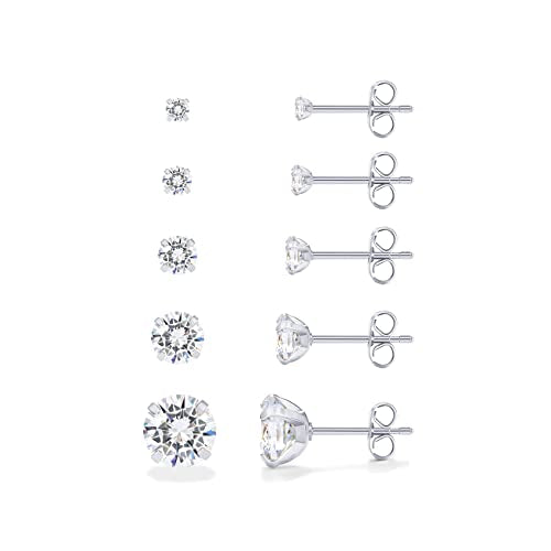 PAVOI Waterproof Stud Earrings for Women, 14K Gold Plated CZ Set of 5 | Hearts and Arrows Cubic Zirconia, Hypoallergenic Earrings, Earrings for Men and Women, Everyday Studs - style: White Gold