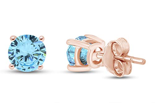 Birthstone Stud Earrings for Women 4MM Round Simulated Gemstone Studs | Push Back Earrings In 14K Gold Over Sterling Silver - color: March - Aquamarine
