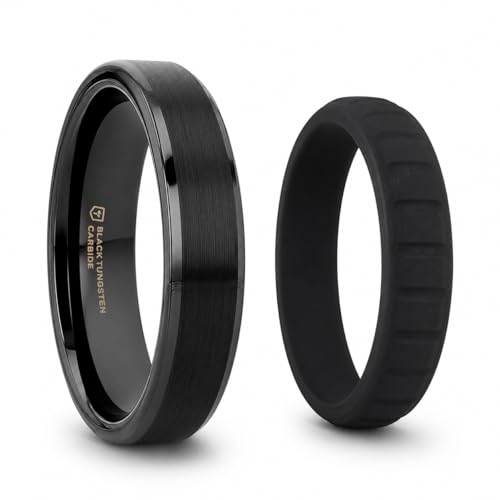 Thorsten Vulcan Black Tungsten Carbide Men’s Wedding Ring – Flat Matte Brushed Finish with Polished Edges – Comfort Fit Wedding Band – Durable and Stylish Ring for Him with FREE Silicone Ring