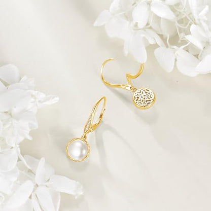 925 Sterling Silver 8mm Pearl Dangle Drop Earrings Moonstone Larimar Opal Rose Quartz Black Pearl Leverback Earrings for Women Christmas Gifts for Her - style: Gold Plated Pearl Earrings