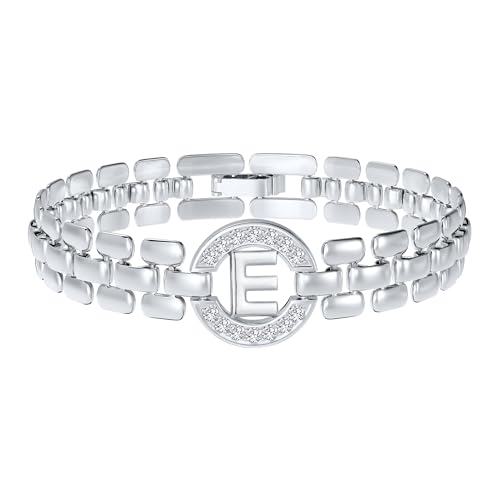 WEDDINEN Initial Bracelets for Women, 14K Gold Plated Letter A-Z Bracelets with Diamonds,Thick Chain Bracelet for Women trendy Jewelry Gifts - color: Silver-E
