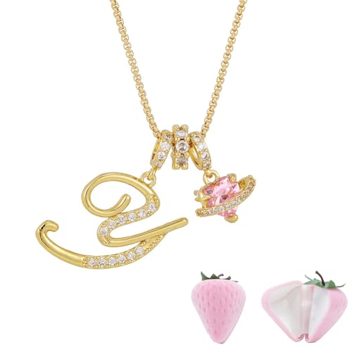 Initial Letter Necklace with Pink Heart Charm, Sparkling Zircon Alphabet Pendant in Gold or Silver Tone, Sweet Style Jewelry with Gift Box, Letter Chain for Daily Wear and Gift - color: Gold+Pink Box, size: #Y