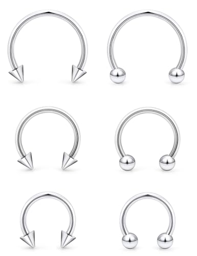 6PCS Septum Rings 18G Stainless Steel Nose Septum Ring Horseshoe Earring Eyebrow Lip Smiley Piercing Jewelry for Women Men Inner Diameter 8mm/10mm/12mm - color: silvertone,ball+spike closure