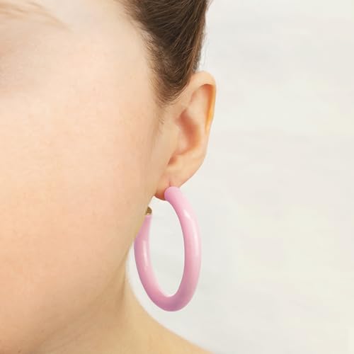 Gold Plated Multicolor Resin Chunky Thick Open Hoop Earrings in 57MM and 37.5MM Diameters - color: Pink - Pastel - Glossy Finish, size: 57MM (2.24") Diameter