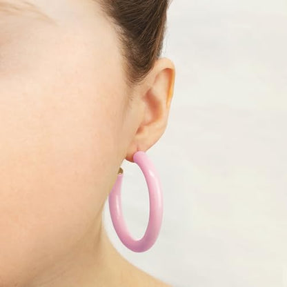 Gold Plated Multicolor Resin Chunky Thick Open Hoop Earrings in 57MM and 37.5MM Diameters - color: Pink - Pastel - Glossy Finish, size: 57MM (2.24") Diameter