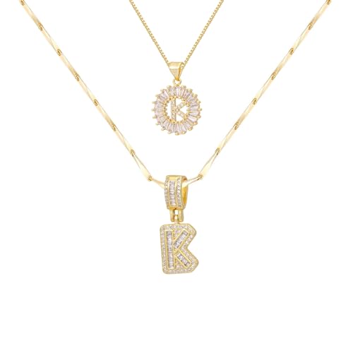 2PCS Initial Necklaces for Women, 14K Gold Plated Letter Pendant Set | Trendy Layered Bling Style, Meaningful Letter & Round CZ Pendant Design - color: Gold, style: Letter K