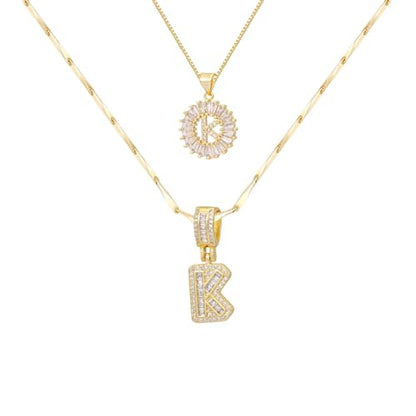 2PCS Initial Necklaces for Women, 14K Gold Plated Letter Pendant Set | Trendy Layered Bling Style, Meaningful Letter & Round CZ Pendant Design - color: Gold, style: Letter K