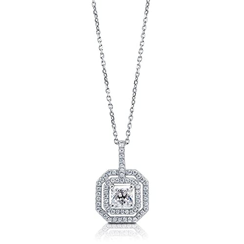 BERRICLE Sterling Silver CZ Pendant Necklace for Women, Cubic Zirconia - Cushion, Pear, Princess, Round Cut - Art Deco Halo Designs - style: Octagon Halo