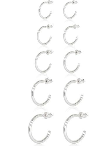 Minimalist Hoops for Women - 14K Gold Open Huggie Hoop Earrings, Hypoallergenic Tiny Hoops in Gold and Silver (Set of 1-5 Pairs) - color: Silver - 6mm/8mm/10mm/15mm/20mm
