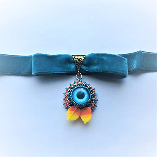 Blue Orange Beadwoven Eye Pendant Choker Velvet Halloween Embroidered Eye Fall Autumn