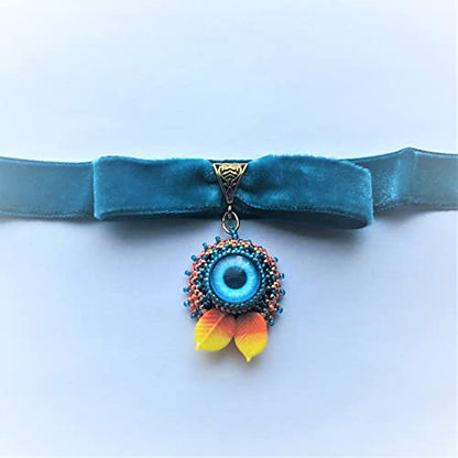 Blue Orange Beadwoven Eye Pendant Choker Velvet Halloween Embroidered Eye Fall Autumn