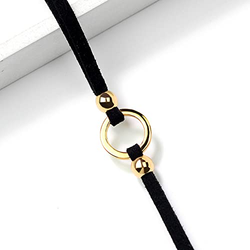 PAMTIER Womens Black Velvet Circle Round Chrams Pendant Ribbon Gothic Collar Choker Necklace with Beads - color: Gold 01