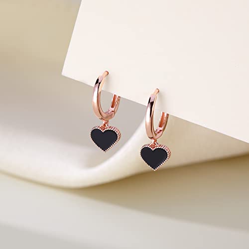 SLUYNZ Solid 925 Sterling Silver Black Heart Hoop Earrings for Women Teens Love Heart Hoop Earrings Huggie - color: C-Rose Gold Plated