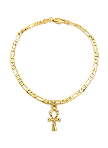 Fashion 21 Women's Cross, Ankh, Queen Nefertiti Piece 10 inches Figaro Chain Anklet Foot Bracelet in Gold Tone - style: Mini Ankh / Figaro