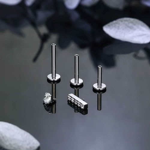 Titanium Flat Back Lip Rings Internally Threaded Earrings Studs Nose Rings 16G Cross Curve Stripe Tragus CZ Cartilage Lobe Rook Helix Conch Labret Medusa Piercing Jewelry for Women Men - style: Stripe