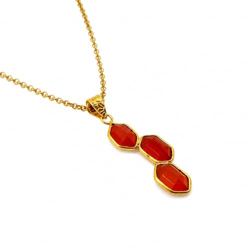 FCI 925 Sterling Silver Gold Plated Natural Carnelian Pendant – Triple Faceted Stone Artisan Design for Women, Premium Fine Gift