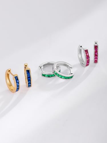 Chunky Emerald Sapphire Ruby Hoop Earrings, Princess or Round Cut, 14k Yellow Gold Plated Sterling Silver Cubic Zirconia Huggie Earings Minimalist Hoops Earrings for Women Wedding Daily Birthday - style: Princess cut -Emerald -Silver