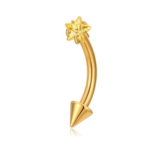 1PC Titanium Rook Piercing Jewelry 16G 8mm, ASTM F136 Curved Barbells Eyebrow Rings, Internally Threaded Screw on - color: Yellow CZ Star-18KGP