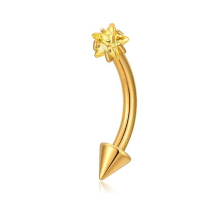 1PC Titanium Rook Piercing Jewelry 16G 8mm, ASTM F136 Curved Barbells Eyebrow Rings, Internally Threaded Screw on - color: Yellow CZ Star-18KGP