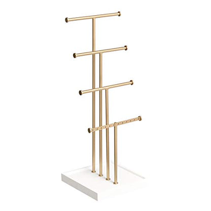 Amazon Basics Four-Tier Jewelry Organizer Tree Stand, Necklace Earring Bracelet Holder with Ring Storage, White/Brass - color: White/Brass, style: Hanging