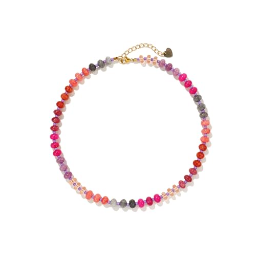 Joya Love Colorful Gemstone Beaded Necklaces For Women Trendy Rainbow Natural Stone Boho Handmade Stainless Steel Waterproof Strand Necklaces Jewelry For Women Gift - color: Dark Red