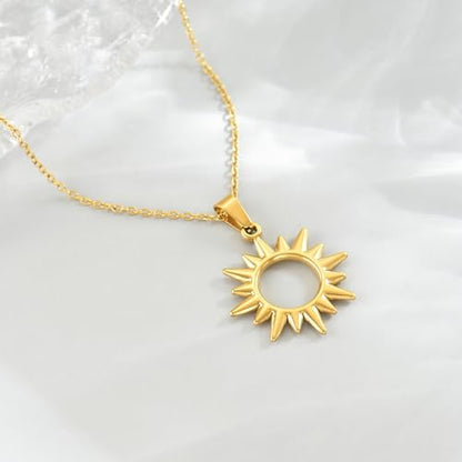 Gold Necklace for Women Dainty 18K Gold Plated | Sun Horn Crescent Moon Lucky Horse Shoe Pendant Necklace Waterproof Stainless Steel Trendy Jewelry, Gift Box Included - color: Sun-Gold