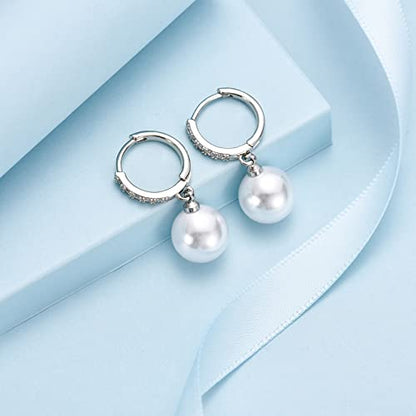 CERSLIMO Pearl Drop Earrings for Women | S925 Sterling Silver Post Simulated Shell Pearl Hoop Dangle Earrings, Hypoallergenic Cubic Zirconia Huggies Earrings Bridesmaid Jewelry - style: 01 Silver-Round