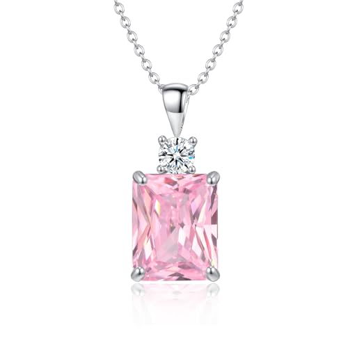 CiNily Rectangular Crystal Necklace for Women Trendy, Pendant Necklace with Chain 14K White Gold | Gold Plated Multicolor Birthstone Pendant Necklaces Boho Jewelry for Christmas Birthday Wedding - color: Silver-Pink cz