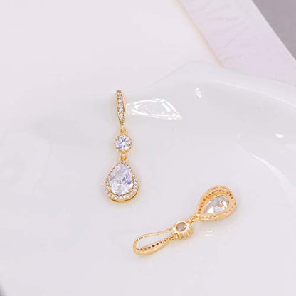 AMYJANE Elegant Jewelry Set for Women - Silver Teardrop Clear Cubic Zirconia Crystal Rhinestone Drop Earrings and Necklace Bridal Jewelry Sets Best Gift for Bridesmaids - style: Angle Tears (14k Yellow Gold Plated)